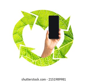 Digital Collage Art Recycle With Heart Green Plant On Volunteer Hands For Eco Friendly And Corporate Social Responsibility Campaign Concept.sustainable Power.Ev Car Charger Station.plant Based.Eco App