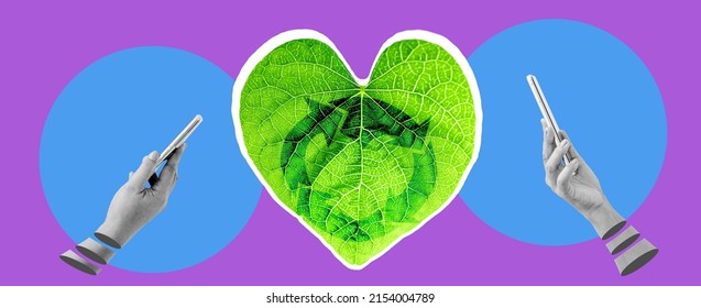 Digital Collage Art Recycle With Heart Green Plant On Volunteer Hands Phone For Eco Friendly And Corporate Social Responsibility Concept.sustainable Power.charger Station.plant Based.Eco App Plant.