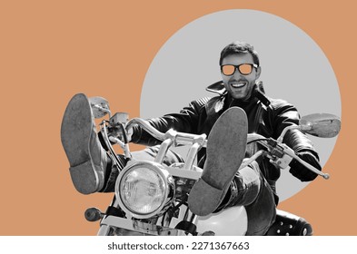Digital collage with a biker man in black leather jacket sitting on motorcycle	 - Shutterstock ID 2271367663