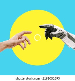 Digital Collage Of Contemporary Art. Helping And Saving Hand With A Download Badge. Astronaut Reaching Out To Man On Yellow Circle And Blue Background. God And Humanity. Artificial Intelligence 