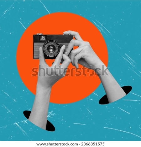 Digital collage with female hands holding a vintage film camera. The concept of journalism and news.
