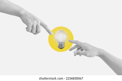 Digital collage, Hand reaching to glowing light bulb. Ideas, power, and energy concept - Shutterstock ID 2236830067