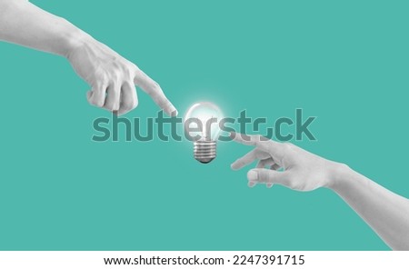 Digital collage, Hand reaching to glowing light bulb. Ideas, power, and energy concepts