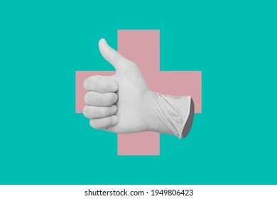 Digital Collage Modern Art. Hand Wearing Medical Glove Show Thumb Up Hand Sign