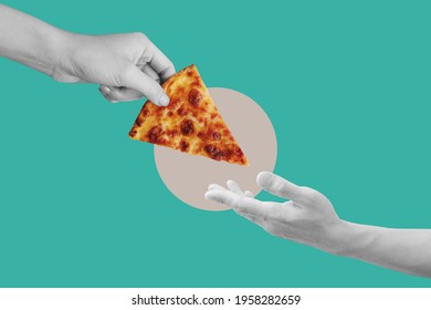 Digital collage modern art. Hand giving and receiving slice of cheese pizza
