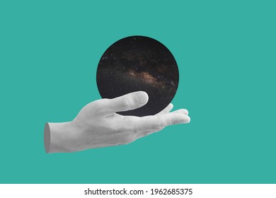 Digital collage modern art. Hand holding circle space - Powered by Shutterstock