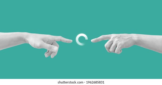 Digital collage modern art. Hand reaching out, pointing finger together