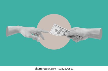 Digital collage modern art. Hand giving and receiving money - Shutterstock ID 1982670611