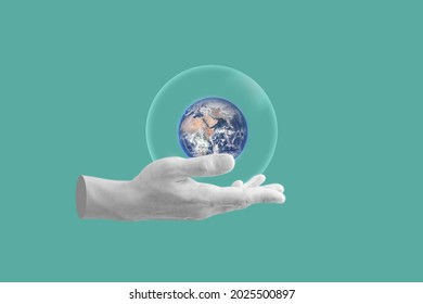 Digital Collage Modern Art. Hand Holding Globe With Bubble. Element Of This Image Are Furnished By NASA