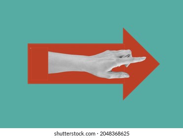 Digital collage modern art. Hand pointing finger, with red arrow on a background - Shutterstock ID 2048368625