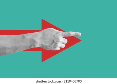 Digital collage modern art. Hand pointing finger, with red arrow	 - Shutterstock ID 2119408793