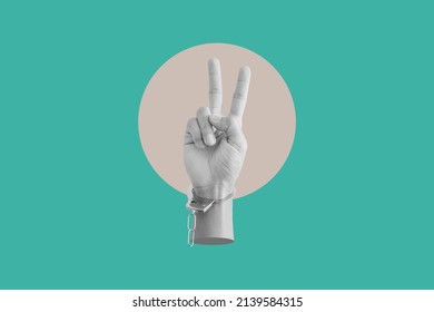 Digital Collage Modern Art. Hand Showing Peace Hand Sign, With Broken Handcuff	