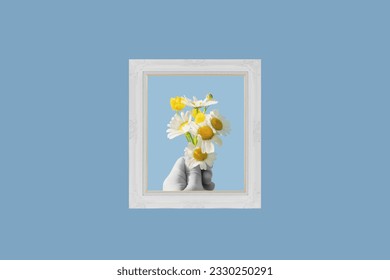 Digital collage modern art. Hand holding flowers, in picture frame - Powered by Shutterstock