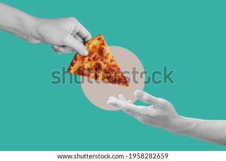 Digital collage modern art. Hand giving and receiving slice of cheese pizza