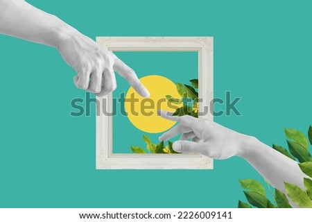 Digital collage modern art. Hand reaching out, pointing finger together, with plants and flower