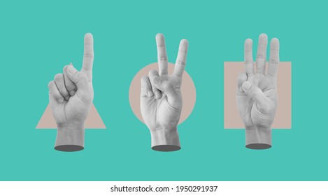 Digital collage modern art. Hands counting one tow, and tree, with different geometry - Powered by Shutterstock