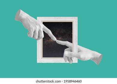 Digital collage modern art. Hands, pointing finger through out of picture frame