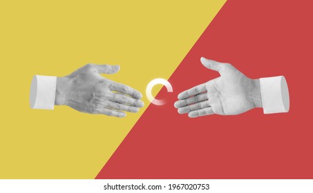 Digital collage modern art. Hands reaching together and shaking, with loading icon