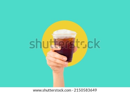 Digital collage modern art iced Americano coffee on hand.Black coffee surreal hand modern collage digital art.Advertising design americano coffee.welcome cafe.Barista with cup.beverage minimal art.