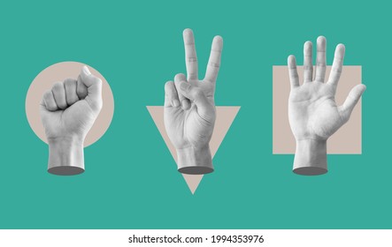 Digital collage modern art. Rock, Scissor and paper hand sign, with conflict geometry