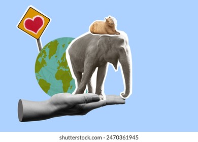 Digital collage showcasing a harmonious scene where a small cat sits atop an elephant, held by a human hand with a love sign and earth in the background