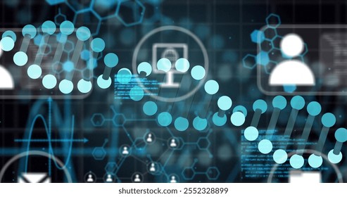Digital communication icons over abstract network and data processing image. Technology, connectivity, internet, cyber, virtual, futuristic