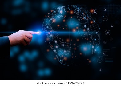 Digital communication and virtual screen metaverse technology concept WEB 3.0.hand touch globe internet. - Shutterstock ID 2122625327