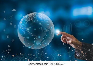 Digital Communication And Virtual Technology Concept WEB 3.0.hand Touch Globe Internet.Business Concept Metaverse And Big Data.