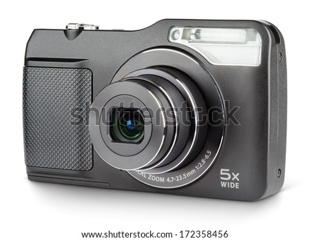 Digital compact camera with open lens isolated on white with clipping path