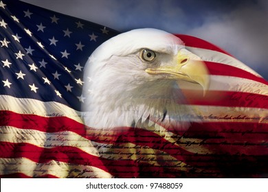 Digital composite: American bald eagle and flag is underlaid with the handwriting of the US Constitution - Powered by Shutterstock