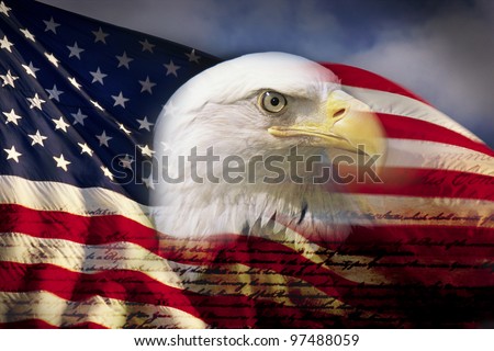 Digital composite: American bald eagle and flag is underlaid with the handwriting of the US Constitution