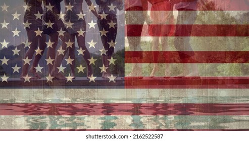 Digital Composite Of American Flag Against Happy People Dancing Outside In The Background