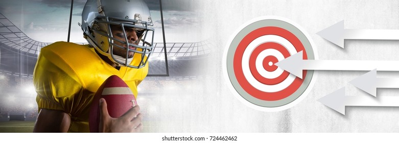 Digital composite of American football player with stadium transition and arrows pointing to target - Shutterstock ID 724462462