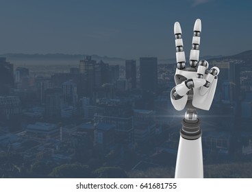 Digital composite of Android Robot hand peace gesture with blue city background - Powered by Shutterstock