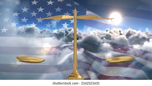 Digital Composite Of Animated Golden Scale Against Animated American Flag Blowing In The Sky Background 