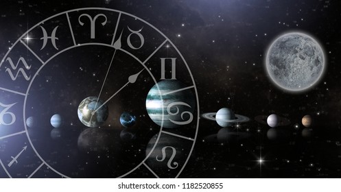 Digital composite of Astrology zodiac with planets in space and moon