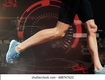 Digital composite of Athletic legs running with technology user interface background