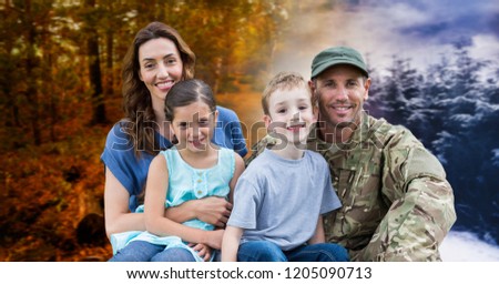 Digital composite of Autumn and Winter seasonal weather transition landscape and soldier with family