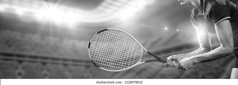 Digital composite of Black and white image of tennis player ready to play - Powered by Shutterstock