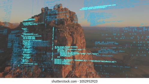 Digital composite of Blue code against cliff