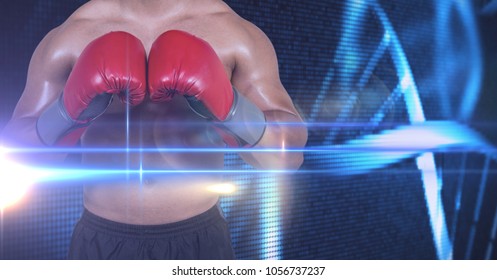 Digital composite of boxer with blue light dna chain and black background - Powered by Shutterstock