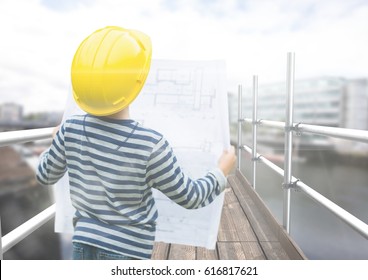 Digital composite of Boy looking blueprint in 3D scaffolding - Powered by Shutterstock