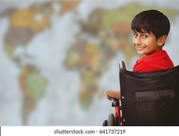 Digital composite of Boy in wheelchair against blurry map - Powered by Shutterstock
