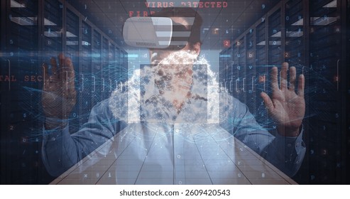 Digital composite of businessman using VR in Server Room against animated background