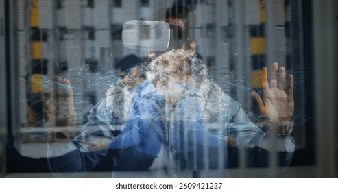 Digital composite of businessman using VR, touching screen and having a digital cloud image appear, against animated background