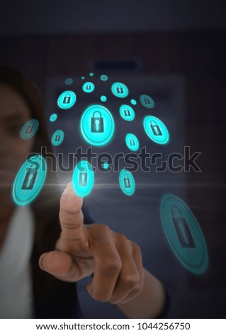 Digital composite of Businesswoman touching security lock icons