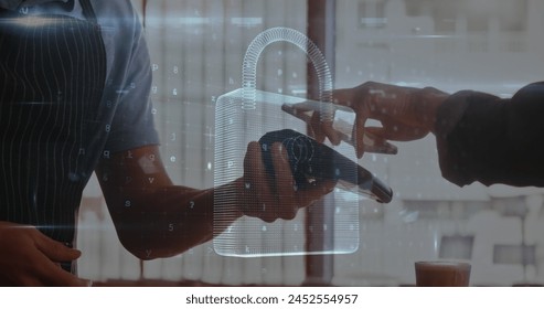 Digital composite of a cashier scanning a customer phone and an image of a padlock - Powered by Shutterstock