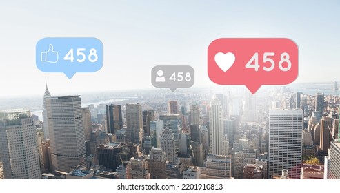 Digital composite of chat boxes containing social media icons and numbers counting up on a city background 4k