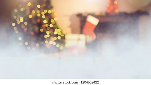 Digital Composite Of Christmas Home With Tree And Stocking And Foggy Transition