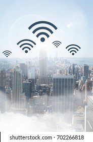 Digital Composite Of City With Wifi Icons